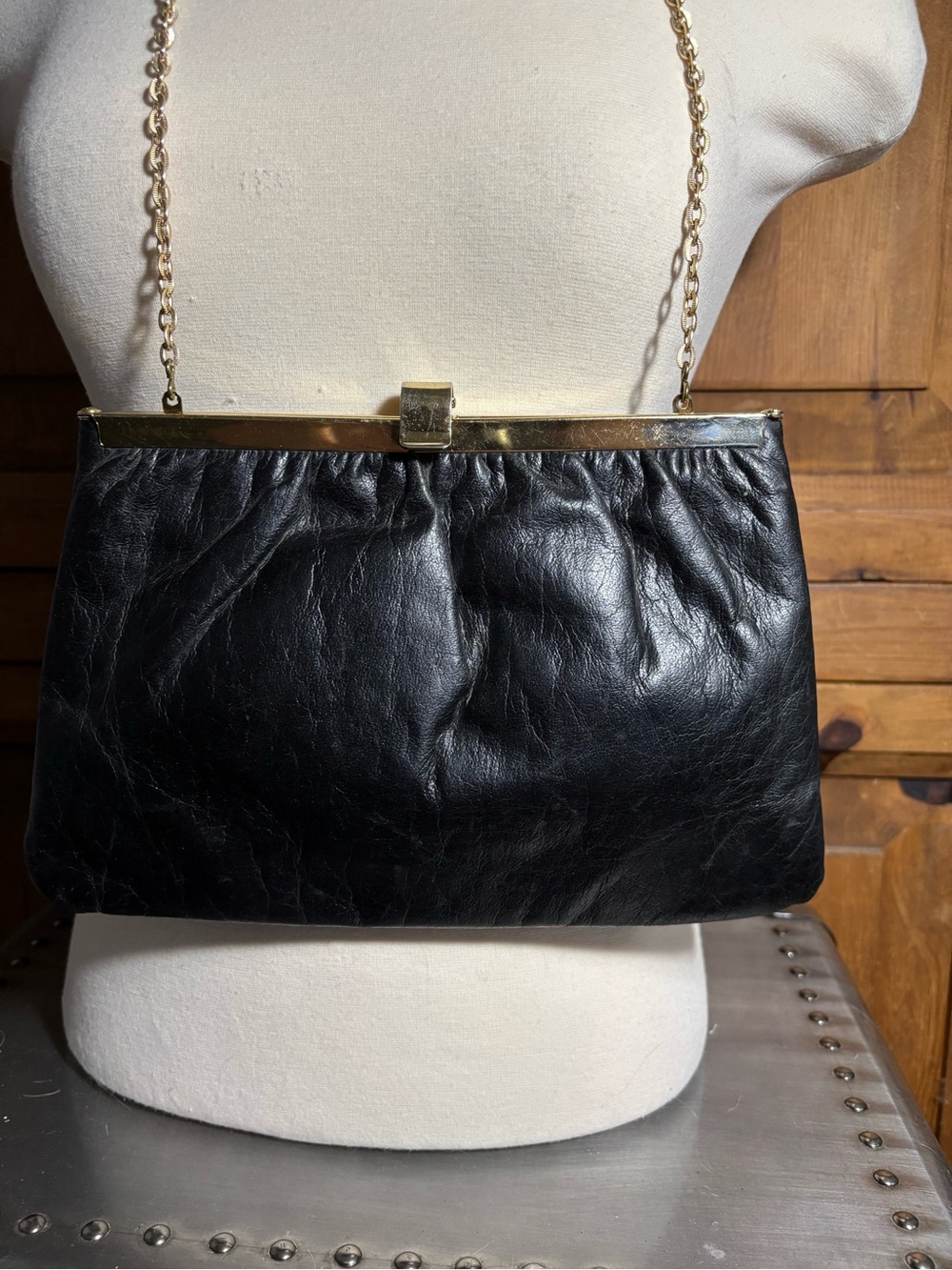 Vintage Black Leather Frame Shoulder Bag with Gold Chain